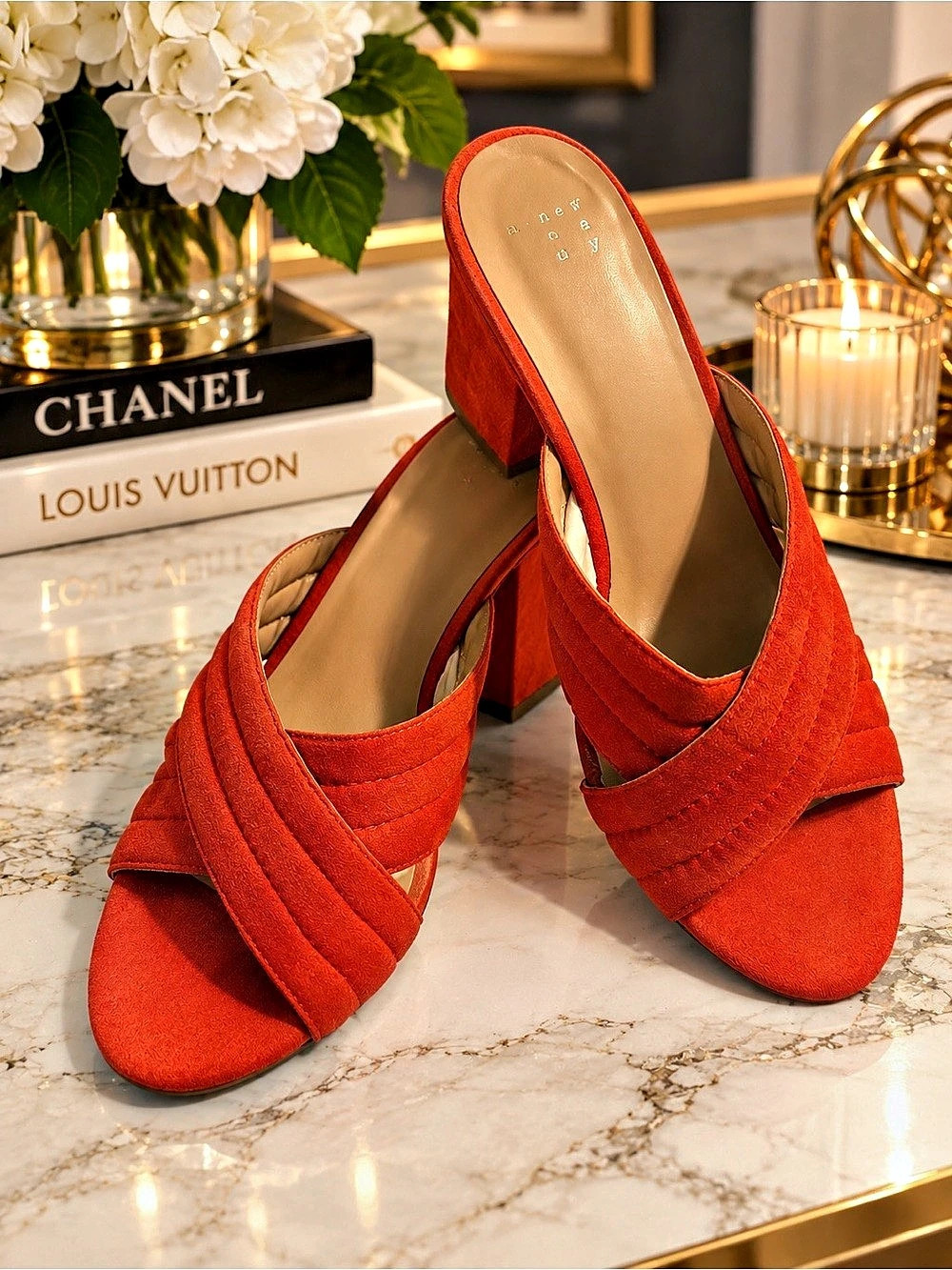 A New Day Miriam Crossband Quilted Mules Orange Heels